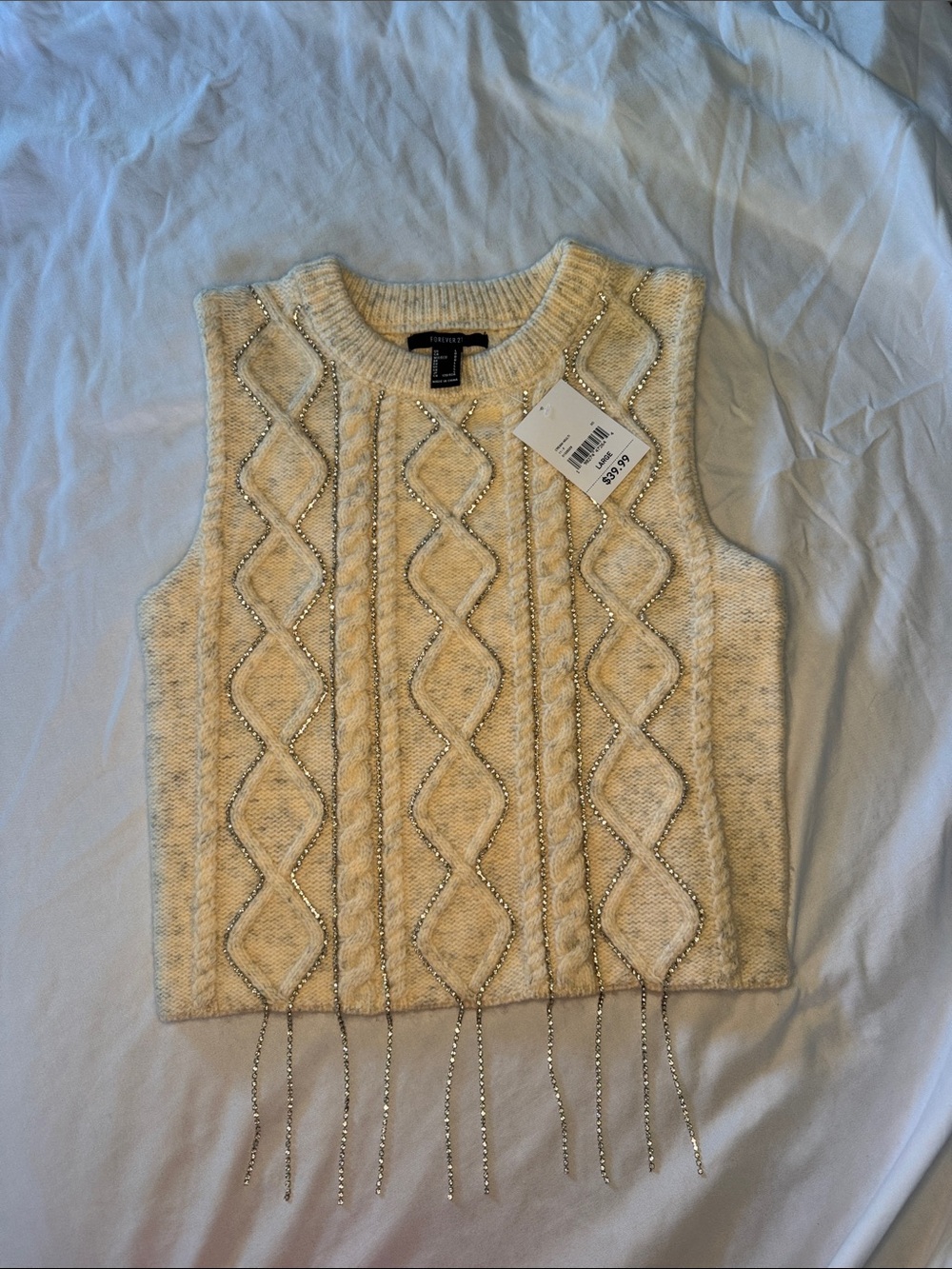 Forever 21 Cream Cable-Knit Sleeveless Sweater with Rhinestone Fringe
